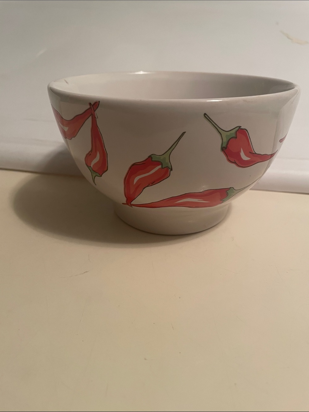 Vintage California Pantry White glass Bowl with Red Chili Peppers